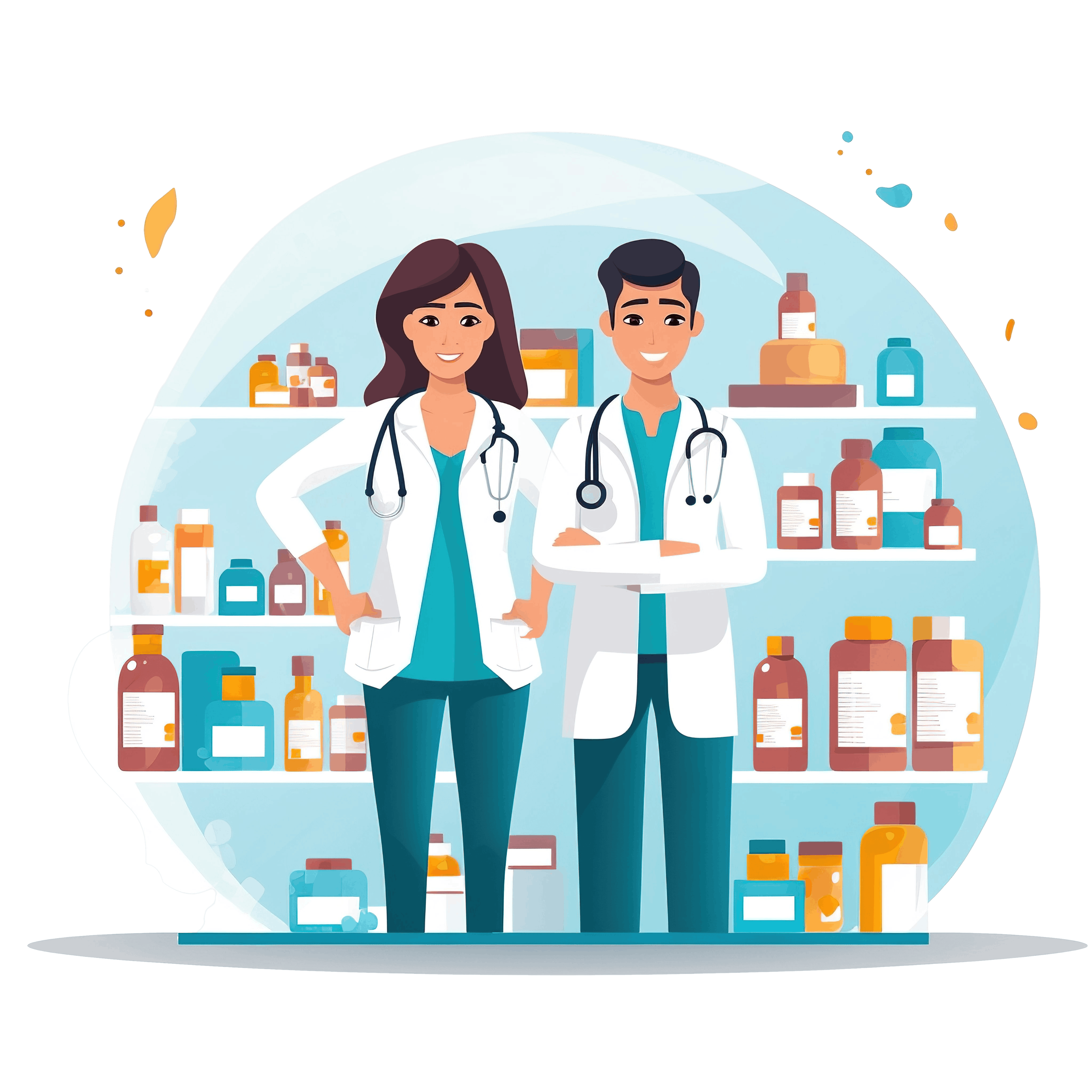 Pharmacy team illustration - pharmacists providing personalized care with medications and healthcare products